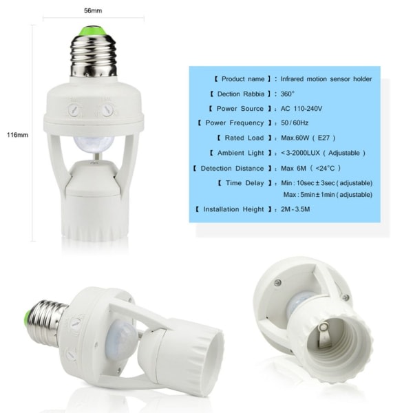 110-240V PIR Infraröd Rörelsesensor Justerbar E27 Lampsockel för Källare Garage Inre Belysning