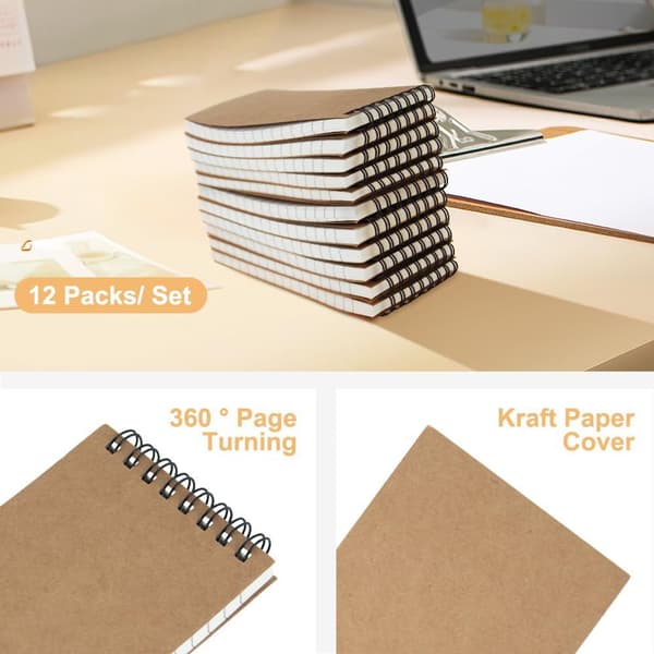 Spiralnotatbok - 12 stk. lommebok - 3x5 tommer - 60 sider - Metallspiralbinding - Perforering