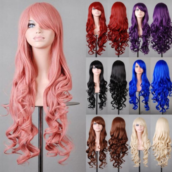 Anime Cosplay Stor Bølget Paryk sort black 80