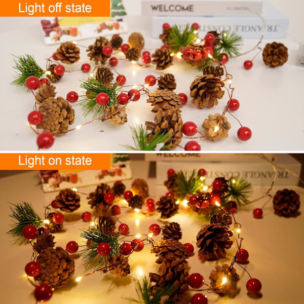 Juleguirlande, 2 m 20 LED røde bærguirlander med lys, til pejsbord indendørs udendørs juledekoration