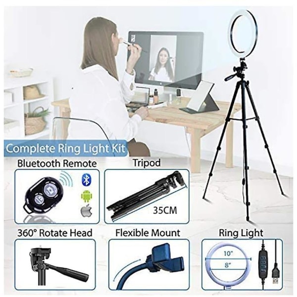 26cm Foto Ringlight Led Selfie Ring Light Telefon Fjärrkontroll Lampa Fotografering Belysning Svart