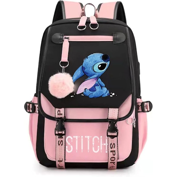 Women Girls USB Large Capacity Shoulder Bag Stitched Pink Casual Backpack, Black Pink, 46*29*16cm