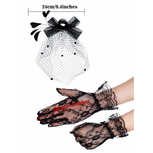 Hårbøyle med sløyfe, fascinatorhatt, fjær, slør, netting og korte blonder