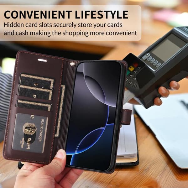 iPhone 17 Pro Max Leather Case with Six Card Slots and Strap Kaffe