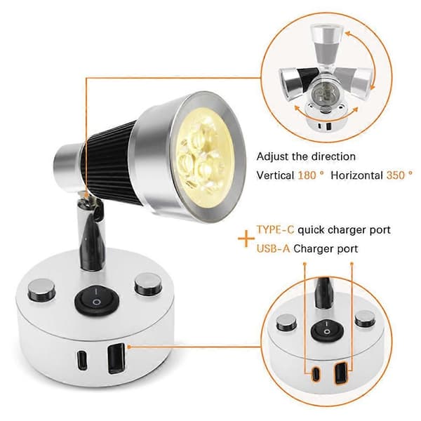 12V LED Wall Lamp for Versatile Indoor Lighting in Black and Silver with USB-A and USB-C Switch 3000-3500K