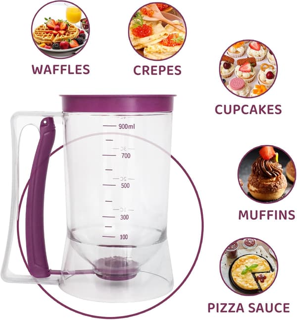 Pancake Batter Dispenser, an Essential Kitchen Tool for Perfect Pancakes, Cupcakes, Waffles, Cakes, and Crepes, with a Measuring Scale.