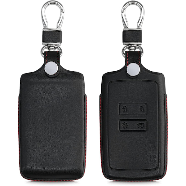 Fodral Kompatibelt med Renault Smart Key 4-knapp (Endast Keyless Go) - Svart-Röd-Äkta Läder Bilnyckelfodral med Nyckelring-FS1-