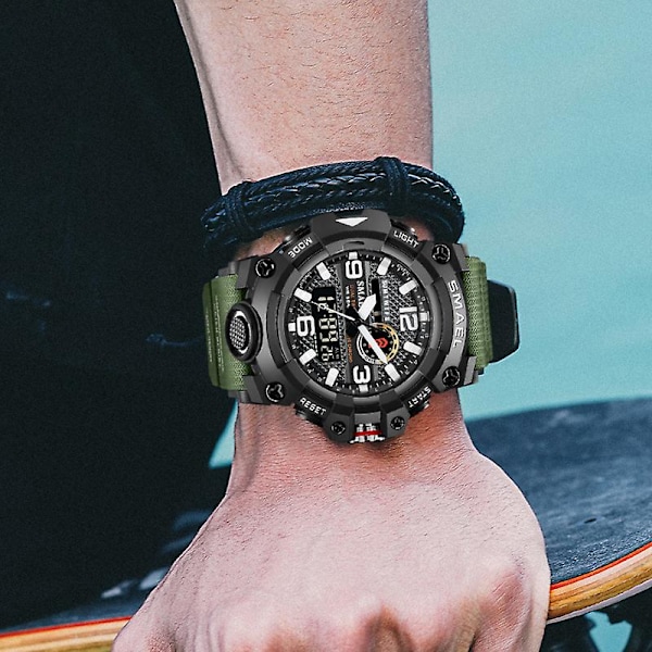 Smael Digital Herre Militær Ure Dual Time Vandtæt Luksus Top Ur Herre Sport LED Quartz Analog Armbåndsur H Black Silver