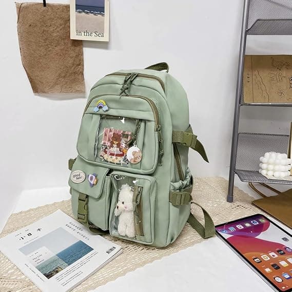 Backpack with Kawaii Pin and Accessories, 40*30*11 cm (Green)-FS-