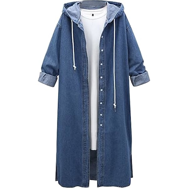 Womens Long Denim Jacket Oversized Drawstring Hooded Midi Jean Jacket, STORLEK