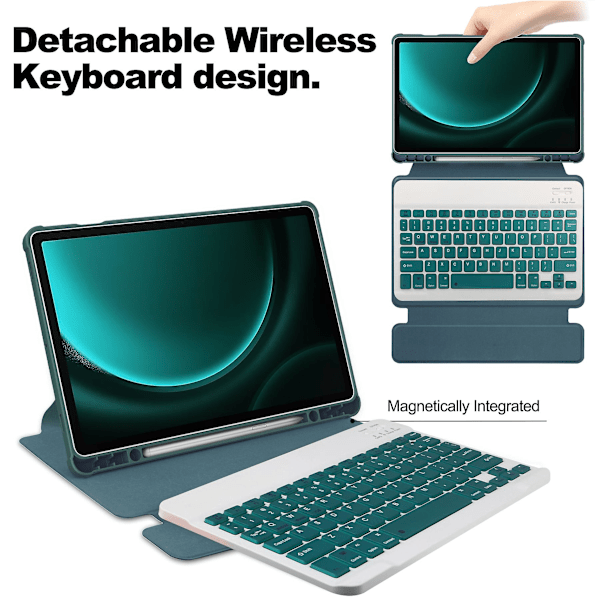 Kotelo Samsung Galaxy Tab S9 FE Plus -laitteelle, jossa Bluetooth-näppäimistö, pyörivä jalusta ja tablettiteline-X45- Blackish Green