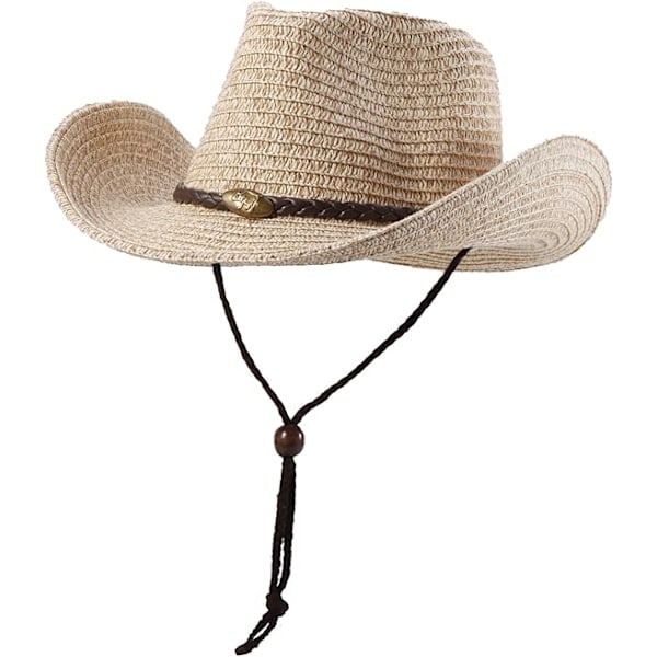 Western Cowboyhatt (med tau) for kvinner og menn med sammenleggbar sommer solskjerm stråhatt bredbremmet hatt, Beige