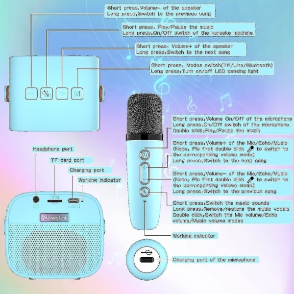 Karaokemaskine til Børn med 2 Trådløse Mikrofoner, Bærbar Karaoke Maskine med Bluetooth til Børn, Voksne, Stemmeændrende Effekter og LED-lys