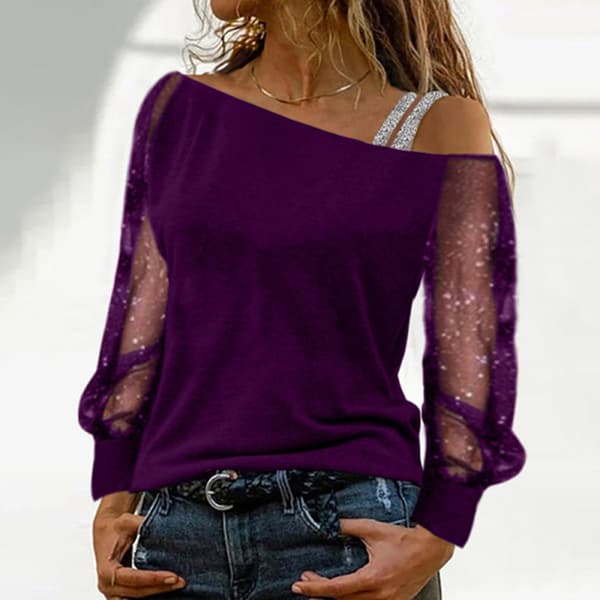 Paillettop til kvinder - Nytårsfest Glitrende Bluse Elegant Festtøj *4XL* Lilla