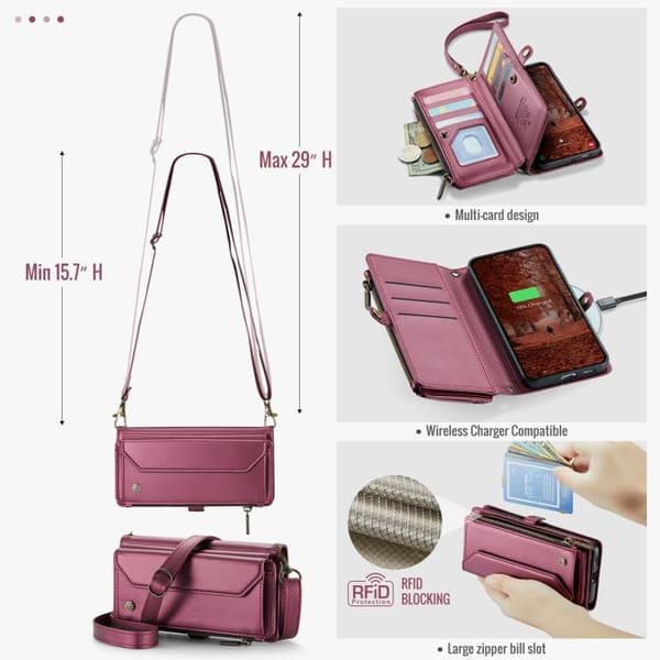 Samsung Galaxy S26 5G Case with Card Slot, Zipper Wallet, RFID Protective Leather Röd