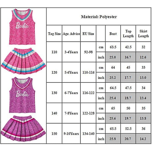 Halloween-asu tytöille 3-10 vuotta - Barbie Cheerleader Cosplay Tank Top, Pliseerattu Hame, Uniformu, Asusteet, Lahja