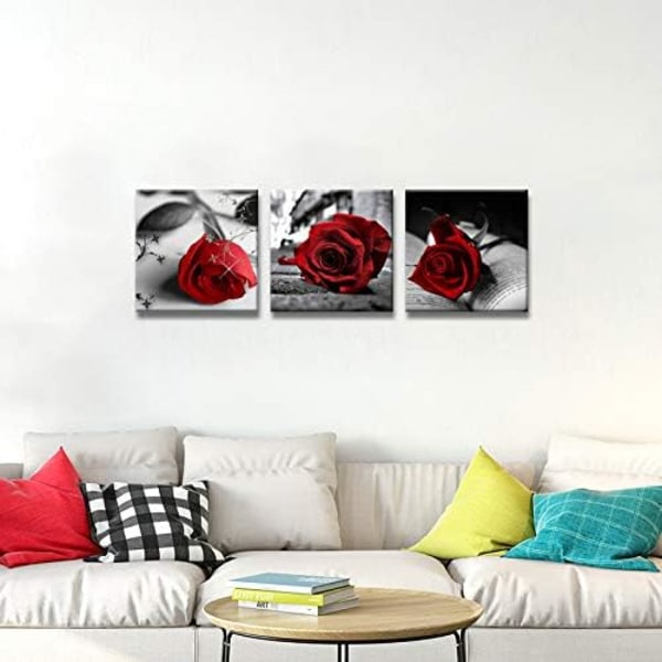 Print 3 delar Svart och vit röd ros Canvaskonstmålning Abstrakt väggkonstprydnad Blommorbilder