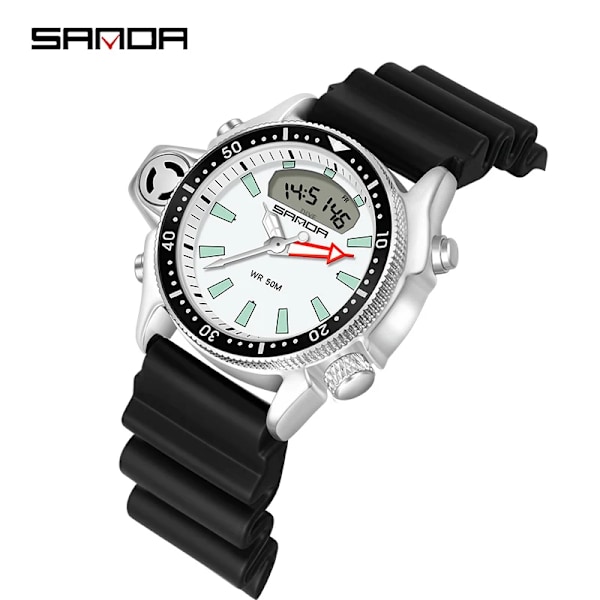 SANDA Sport Klokke for Menn, Quartz Digital, Kreativ Dykkerklokke, Vanntett Alarmklokke, Dobbel Visning, Relogio Masculino-FS1- Black white