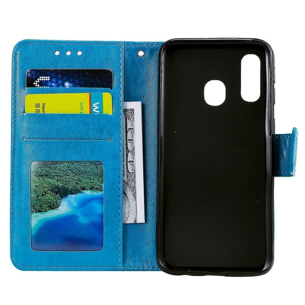 Embossed Mandala Flower Stand Wallet Leather Case for Samsung Galaxy A40 Blue