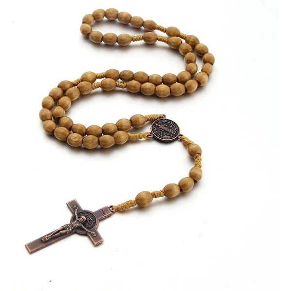 Katolinen ristiriipusrukousnauha, luonnonpuuhelmet Cross-perfe-X42- Light Brown