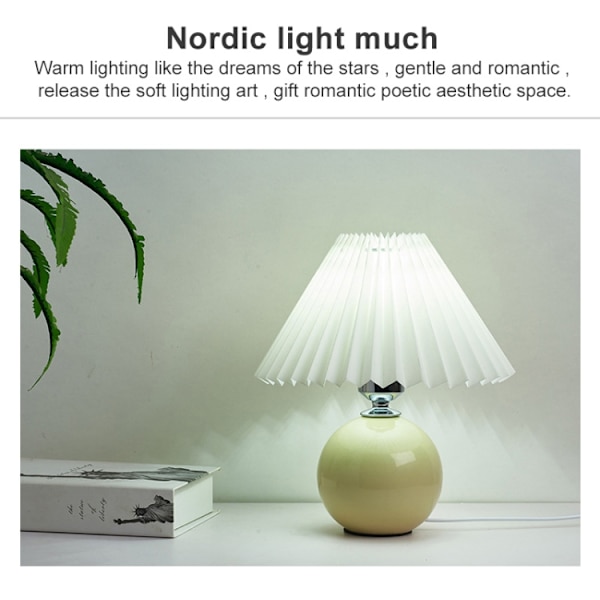 Plisseret lampeskærm hyggelig senglampe moderne keramisk skrivebordslampe 220V (benhvid krop + hvid skærm)