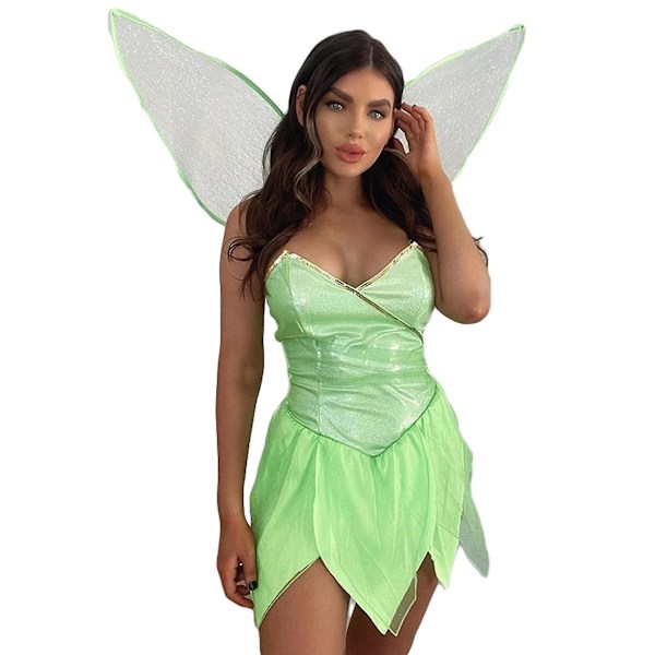 Kvinnors älva Tinker Bell kostymklänning grön alv cosplayklänning med gröna vingar Green L