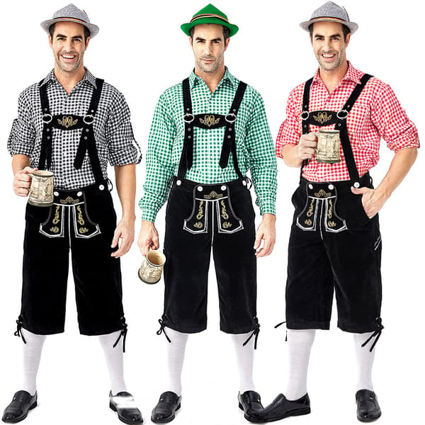 Tysk Oktoberfest Kostume Mænd | Ternede Skjorte med Broderede Seler & Hat*Grå hat*M Grå hat Grå hat