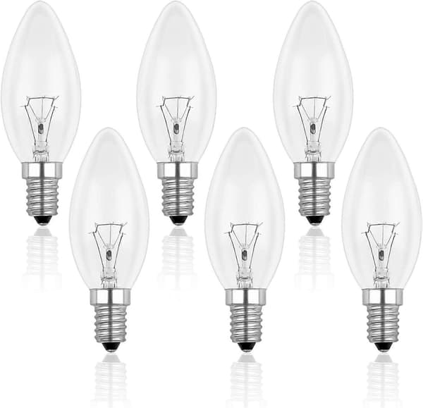 [LLC] E14 40W Clear Candle Bulb, Dimmable Incandescent Bulb, Warm White 2700K, 400LM, Flame Bulb, E14 Edison Screw Base Candle Bulbs, 6-pack