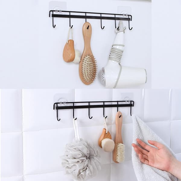 Pieces Kitchen Utensil Holder, Kitchen with 6 Hooks, Storage Rack for Kitchen/Bathroom without Drilling (Black)-FS-
