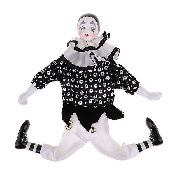 15-tums porslinsclown docka klädd i vit och svart outfit, rolig harlekin docka, cirkus pro