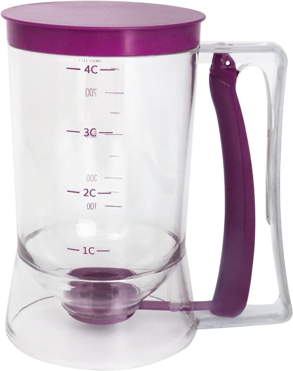 Pancake Batter Dispenser, an Essential Kitchen Tool for Perfect Pancakes, Cupcakes, Waffles, Cakes, and Crepes, with a Measuring Scale.