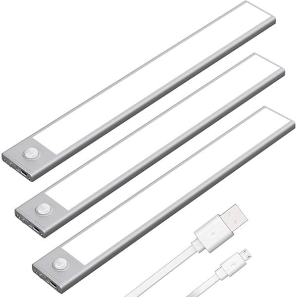 Kaapin alle asennettava liikeanturi USB-C-latattava LED-kaappivalo, paristokäyttöinen langaton magneettinen valonauha keittiöön (Valkoinen, 3-pakkaus)