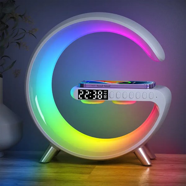 Multifunktionell 15W 9-i-1 Trådlös Laddare Telefon Snabbladdningsdocka med Högtalare Väckarklocka Appkontroll RGB Nattlampa