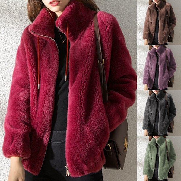 Dam Fleece Fluffig Teddy Bear Kappa Enkel Ficka Jacka Ytterkläder Lila-FS2- Lila 3XL