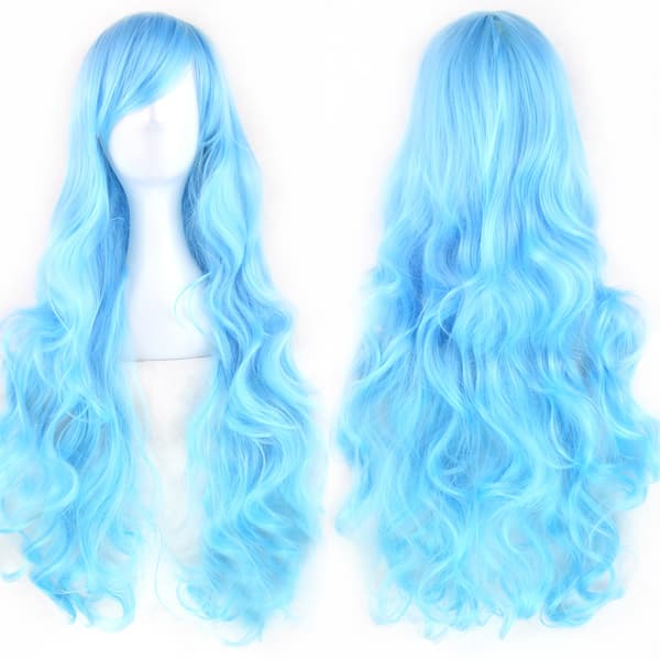 Lång lockig Anime karaktär cosplay peruk 80cm (Himmelsblå)-FS-