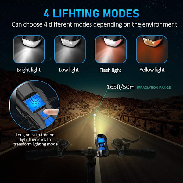 11 LED cykellamper USB-opladelige for- og baglygter, cykelhastighedsmåler, vandtæt kilometertæller, velegnet til