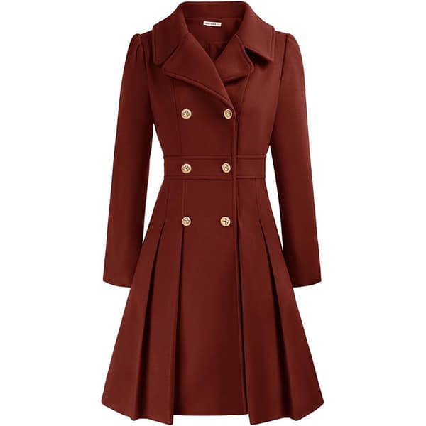 Women's Trench Coat Fashion Sharp Shirt Collar Double-Breasted Thick A-Line Jacket Dark Red
