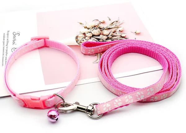 Hundehvalpehalsbånd med snor justerbar blød nylon 1,2m, til små hunde pink