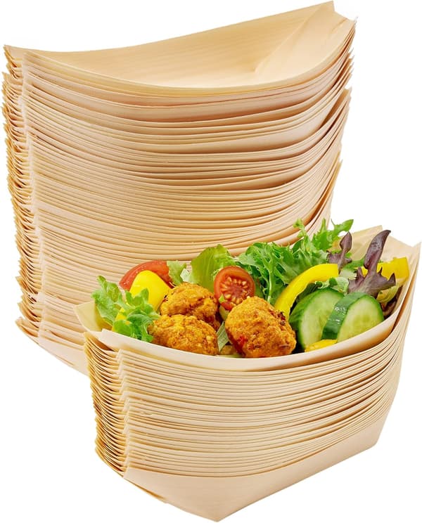 8\" Tums stora bambutalrikar engångsbruk 100-pack - Biologiskt nedbrytbara sushi-båtar serveringsbricka, träpapperstallrikar, bambuskärl