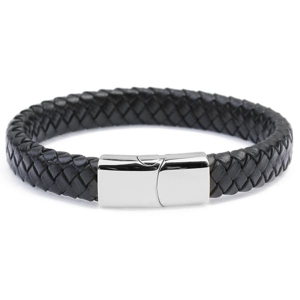 Ægte læderarmbånd til mænd, klassisk stil, magnetisk rustfrit stållås, størrelse (21,5 cm) 21cm