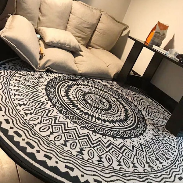 Rund Matta 100cm Sort Mandala Blød Badeværelsesmåtte Skridsikker Vaskbar Accent Kast Fuzzy Gulvmåtte til Entré Stue Soveværelse Børneværelse