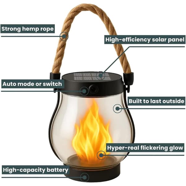 Single Solar Powered Flame Lantern for Garden and Patio, Waterproof with Rope