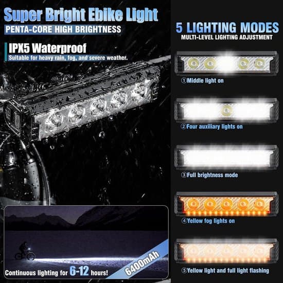 2800 lumen elsykkel frontlykt – Sykkellamper – Sykkellamper – Sykkellamper – 5 lysdioder – 5 moduser – 6400mAh – IPX5 vanntett