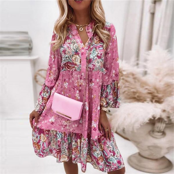 Kvinner Sommer Langermet Kjoler Blomstertrykk Strand Minikjole Pink-FS2- Pink 2XL