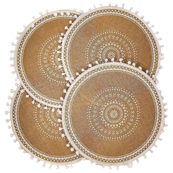 Set med 4 runda bordstabletter, Boho flätade jutebordsmattor med pompom-tofsar för restaurangkök