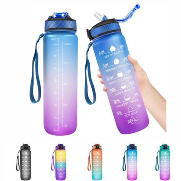2-pakning - 1 l vannflaske med sugerør og timer Blue-Purple
