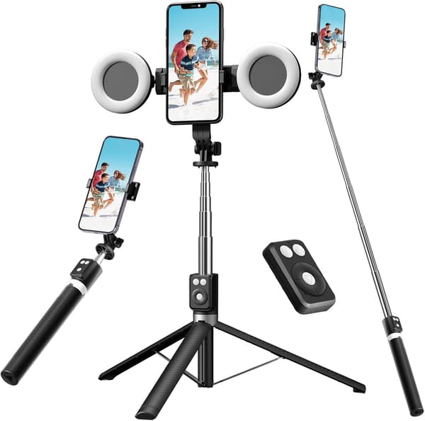 Selfie Stick Tripod with Fill Light, Phone Selfie Stick, Durable Stainless Steel Design, Bluetooth Remote Control and Stable Tripod Support