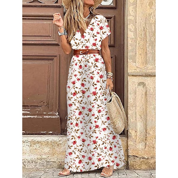 Dame Slå-om Kjole Maxi Lang Kjole Rød Brun Kortærmet Blomstret Red-FS3- Red 3XL