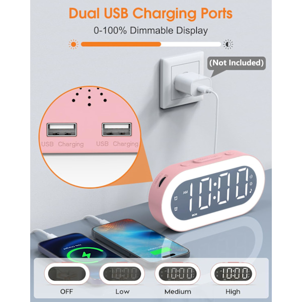 Rosa Väckarklocka för Flickor, Barn Väckarklocka med 7 Färgers Nattlampa & Stor Display, USB-Portar