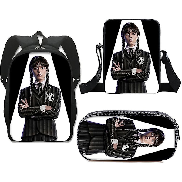 3-delt Sett Wednesday Adams Skolesekk Ryggsekk + Penal + Liten Veske-FS1- Style 11